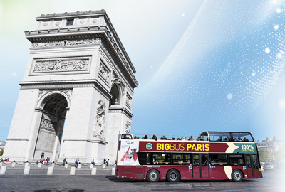 Xe buýt hai tầng chạy bằng điện Ankai của Trung Quốc đi qua Khải Hoàn Môn ở Paris, Pháp. Ảnh: Garlan Gervaud – Phóng viên Nhân Dân nhật báo tại đơn vị Pháp.